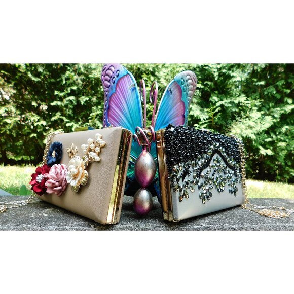 2 Beaded Floral Pretty Clutch shoulder Chain Purses Bags - Picture 3 of 8